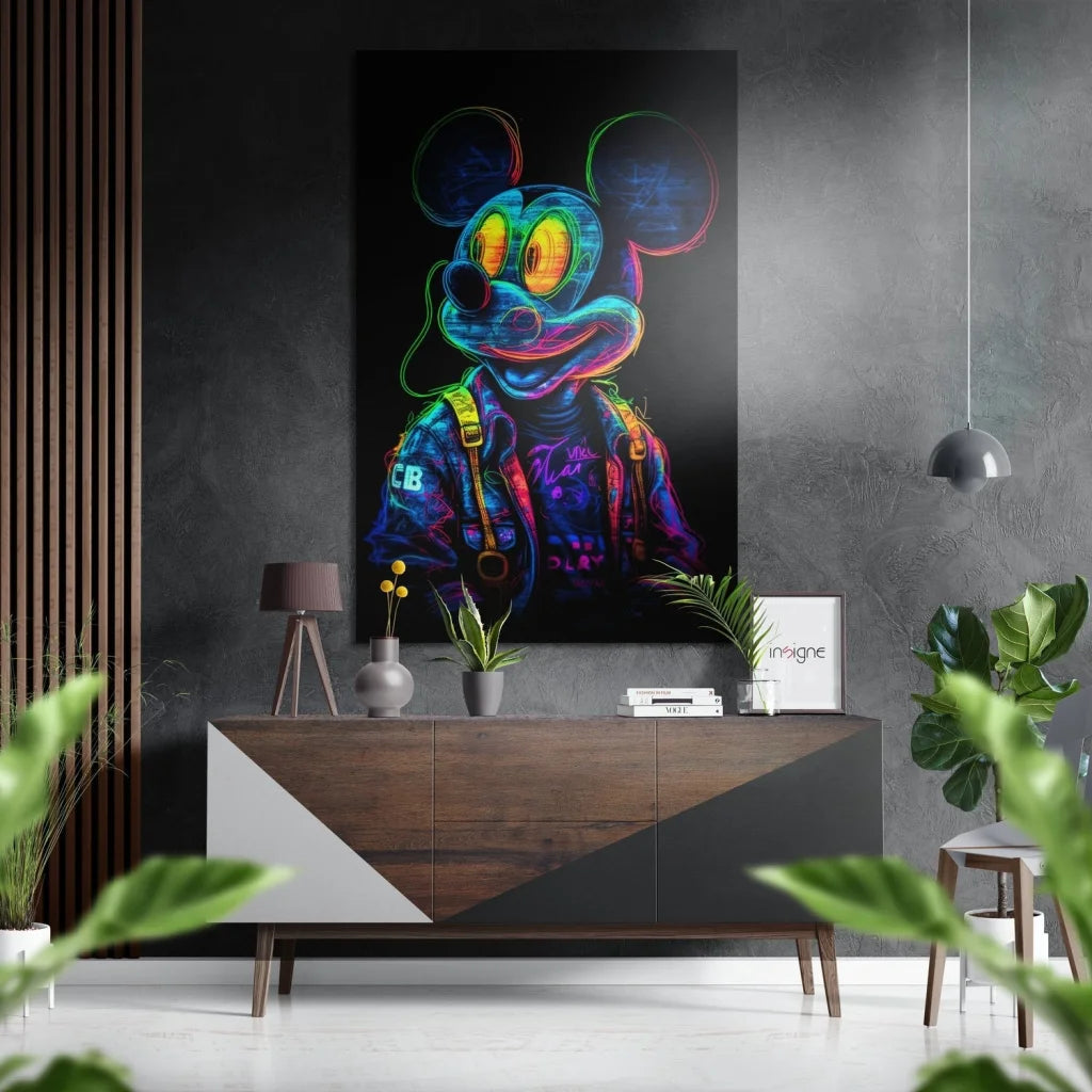 Neon Mickey Mouse Graffiti Art on Brushed Aluminium Dibond | Insigneart USA | vintageantiquesgifts.com