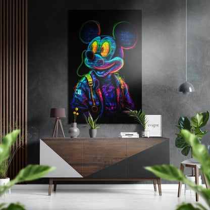 Neon Mickey Mouse Graffiti Art on Brushed Aluminium Dibond | Insigneart USA | vintageantiquesgifts.com