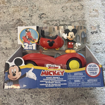 Red Mickey Mouse Disney Junior transforming vehicle toy with yellow wheels
