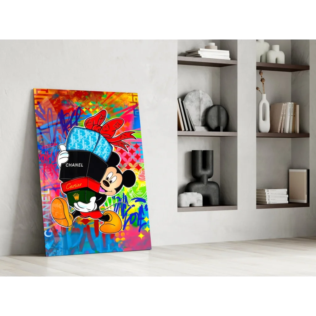 Vibrant Mickey Mouse graffiti wall art with Chanel Cartier hat