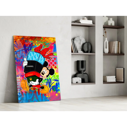 Vibrant Mickey Mouse graffiti wall art with Chanel Cartier hat