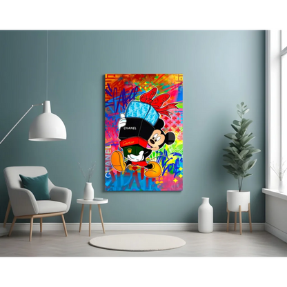 Vibrant Mickey Mouse graffiti canvas wall art with Chanel hat and Cartier box