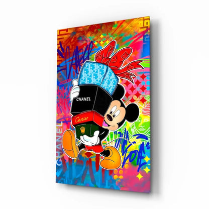 Mickey Mouse graffiti canvas wall art with Chanel and Cartier boxes