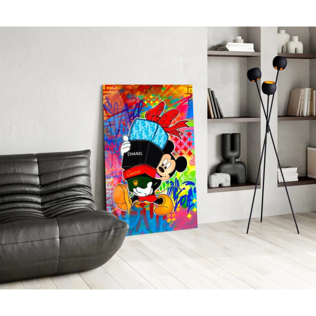 Mickey Mouse in blue Chanel hat holds black Cartier box on vibrant graffiti wall art canvas