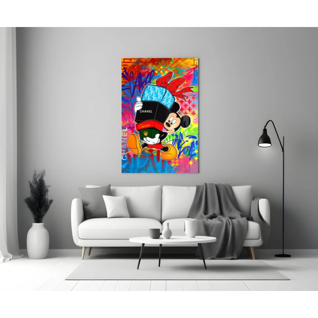Mickey Mouse in Chanel hat holds gift box on vibrant graffiti wall art canvas