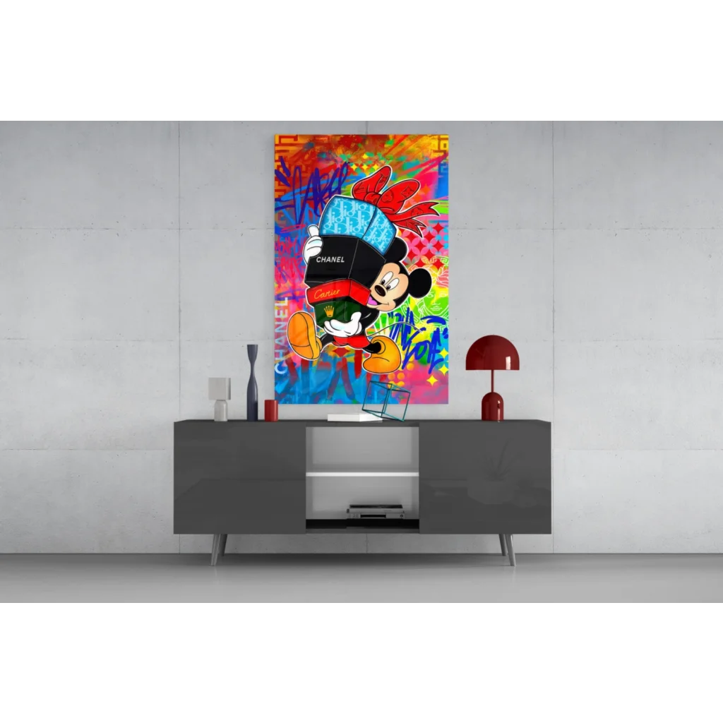 Mickey Mouse in Chanel hat with red bag on vibrant graffiti wall art canvas