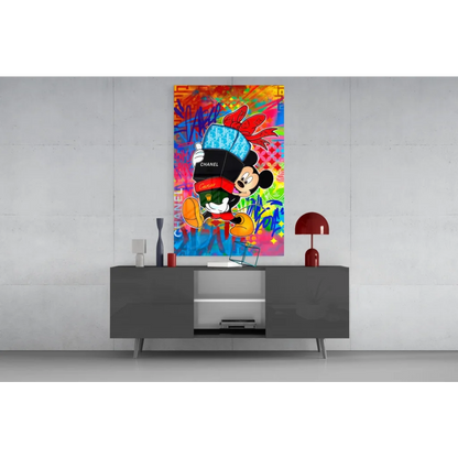 Mickey Mouse in Chanel hat with red bag on vibrant graffiti wall art canvas