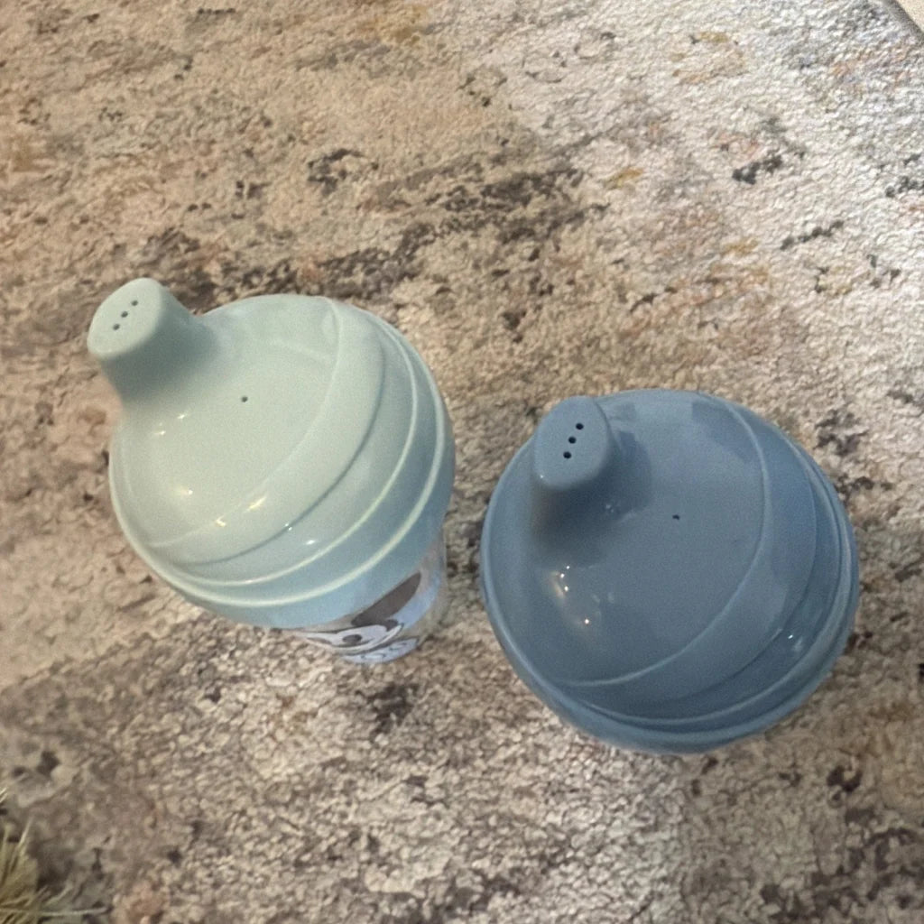 Light blue Mickey Mouse sippy cup with soft spout and leak-proof lid