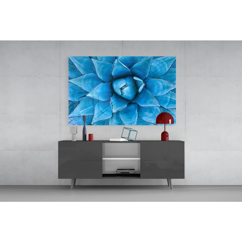 Vibrant blue agave glass wall art print in modern frame
