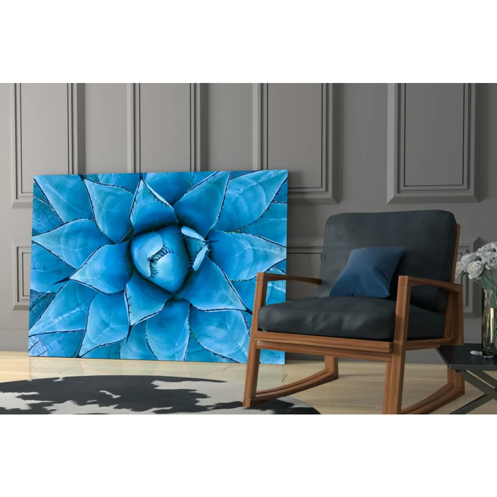Vibrant blue agave glass wall art print with detailed leaves