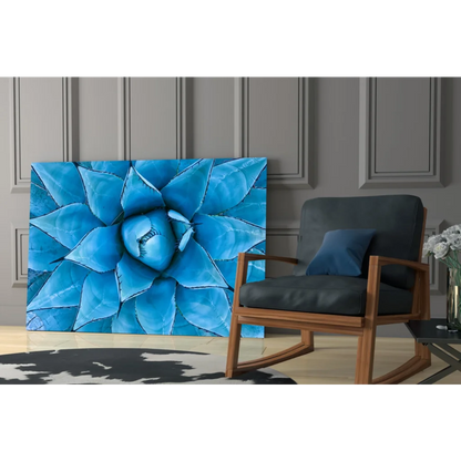 Vibrant blue agave glass wall art print with detailed leaves