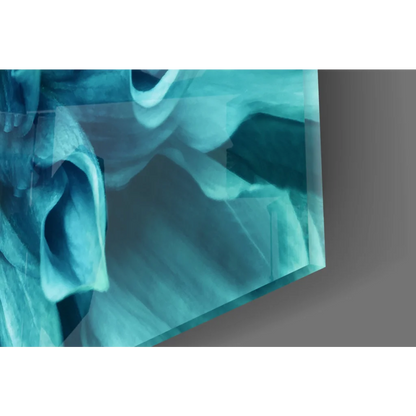 Translucent teal glass wall art panel with flowing abstract patterns