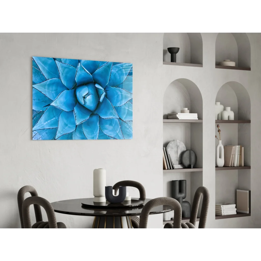 Vibrant blue agave glass wall art print in modern framed canvas