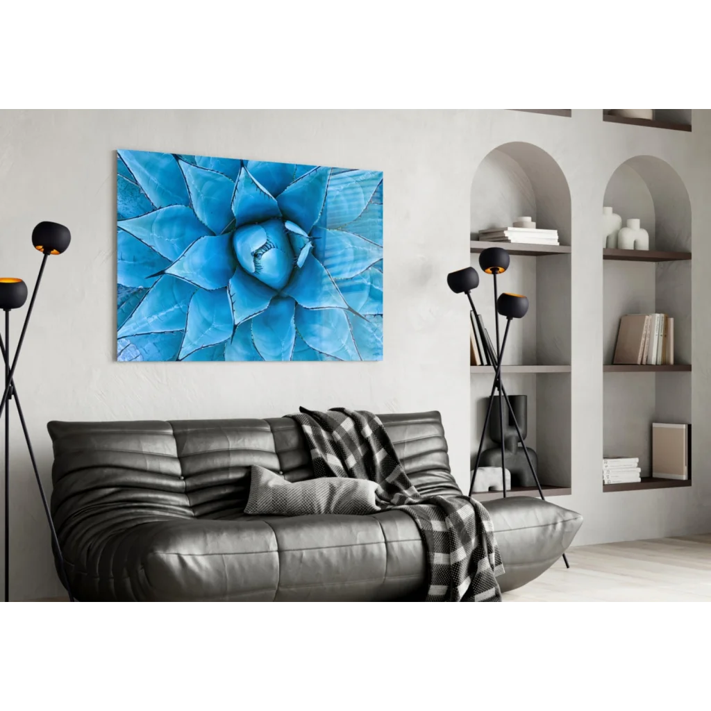 Vibrant blue agave glass wall art in modern frame