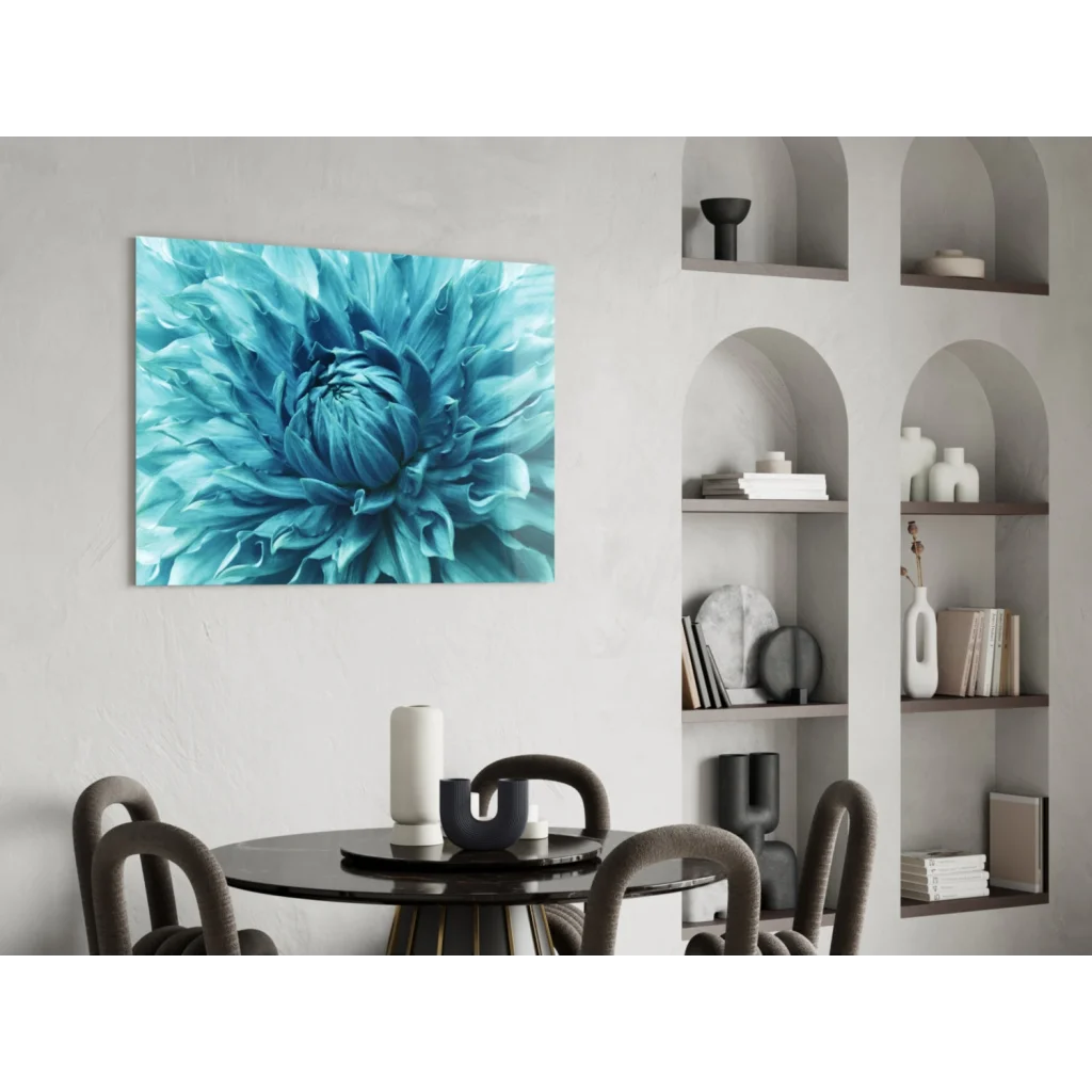 Vibrant teal dahlia glass wall art print on minimalist white wall