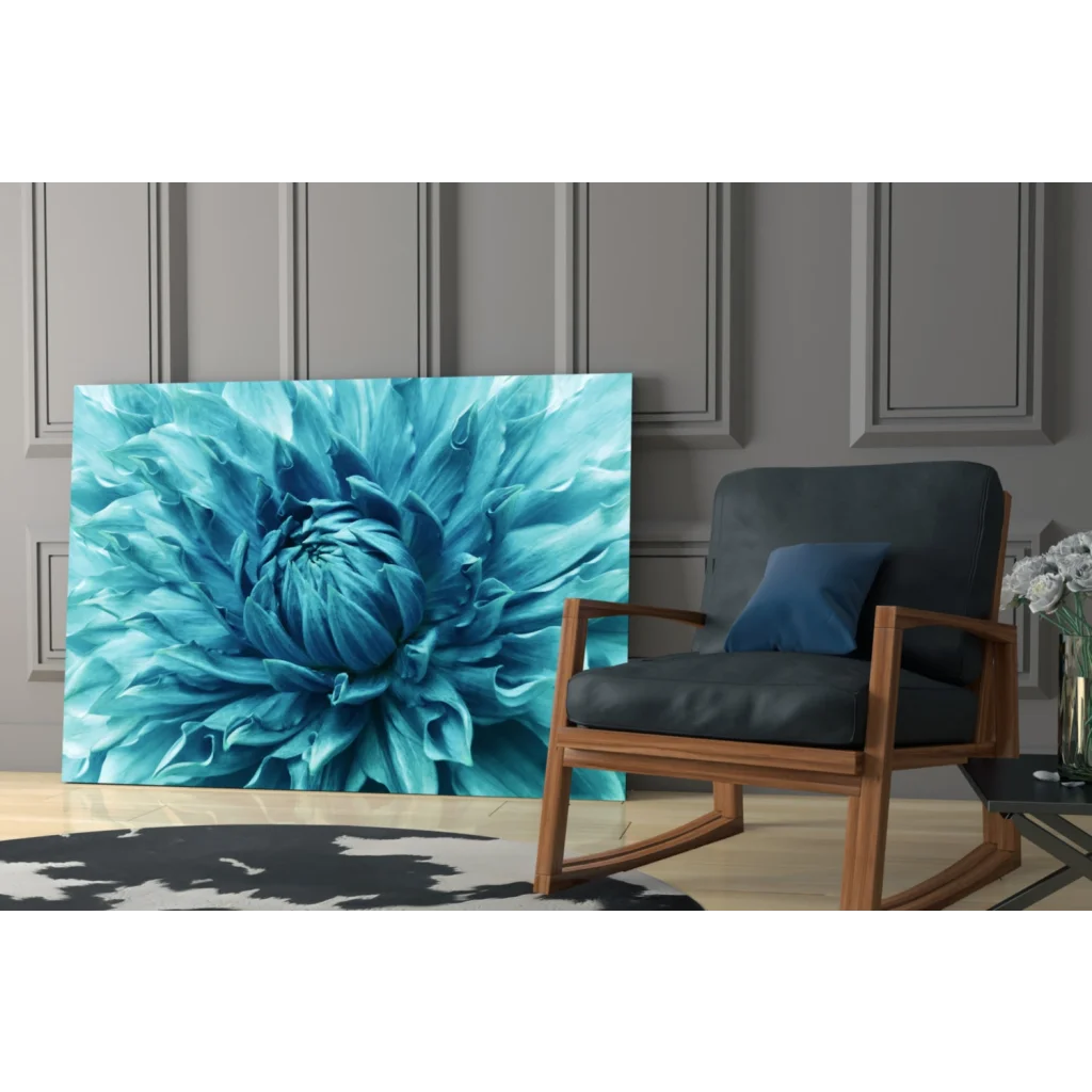 Vibrant turquoise dahlia glass wall art print with layered petals