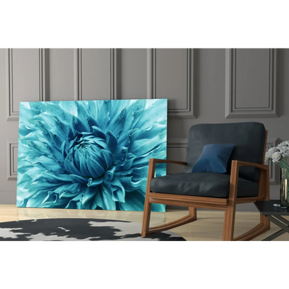 Vibrant turquoise dahlia glass wall art print with layered petals