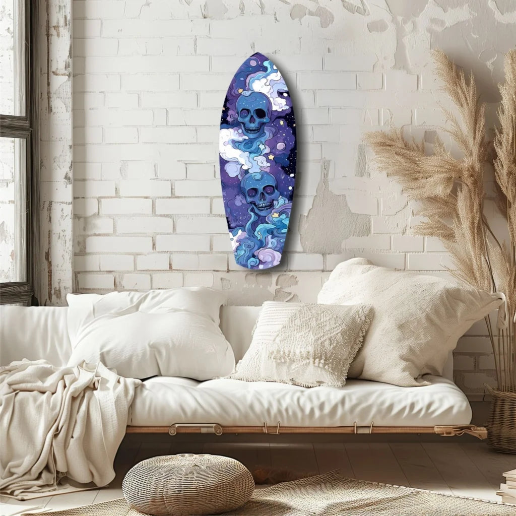 Cosmic skull surfboard tempered glass art with blue skulls and stars