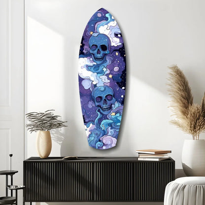 Vibrant cosmic skull surfboard tempered glass art for walls