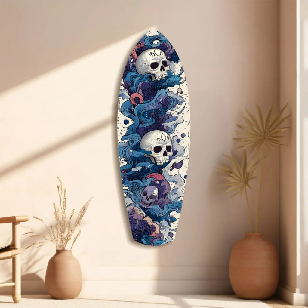 Skull Wave Surfboard Tempered Glass Art with skull waves