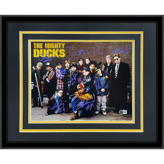 Framed autographed Mighty Ducks cast photo with yellow black matting