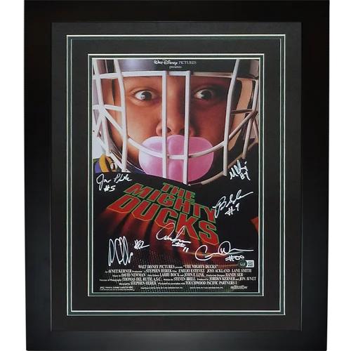 Mighty Ducks cast autographed deluxe framed 11x17 movie poster with 6 signatures