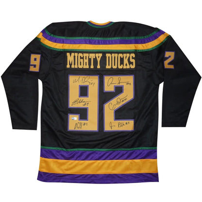 Autographed Mighty Ducks black hockey jersey #92 with 6 signatures