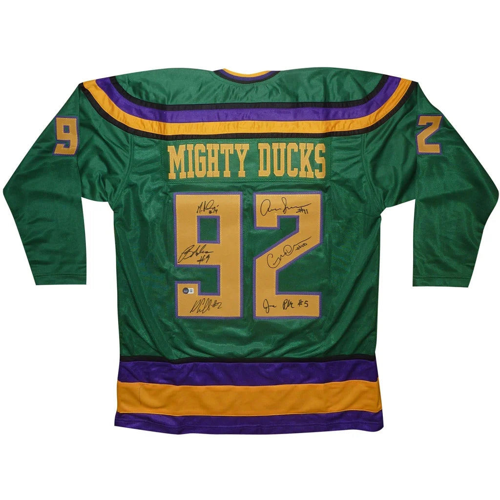 Green Mighty Ducks jersey with cast autographs and Ducks Fly logo