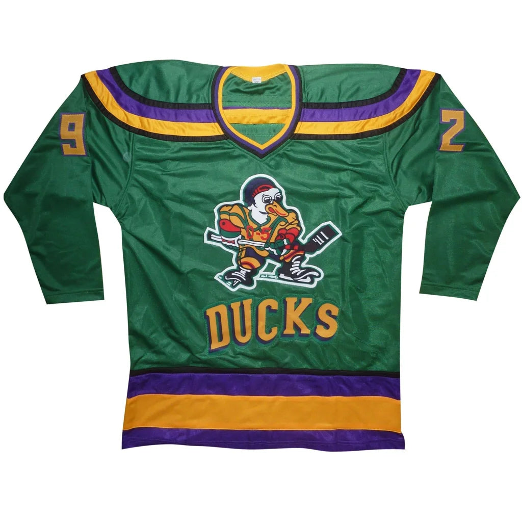 Mighty Ducks cast signed jersey with duck mascot, number 2, green purple accents