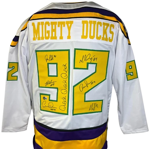 Mighty Ducks autographed white hockey jersey with quack quack and number 92