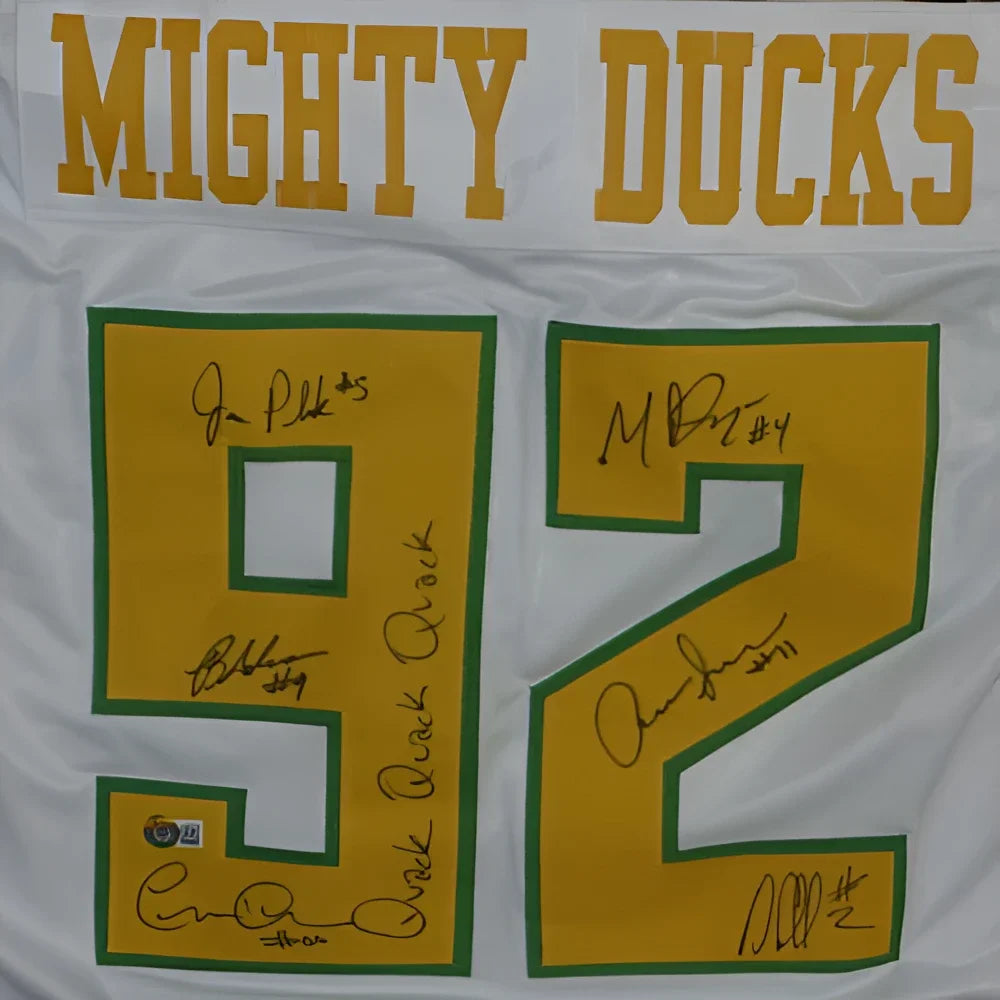 Mighty Ducks autographed white hockey jersey #92 with quack quack signatures