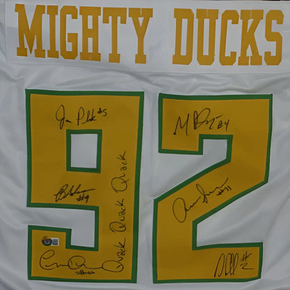 Mighty Ducks autographed white hockey jersey #92 with quack quack signatures
