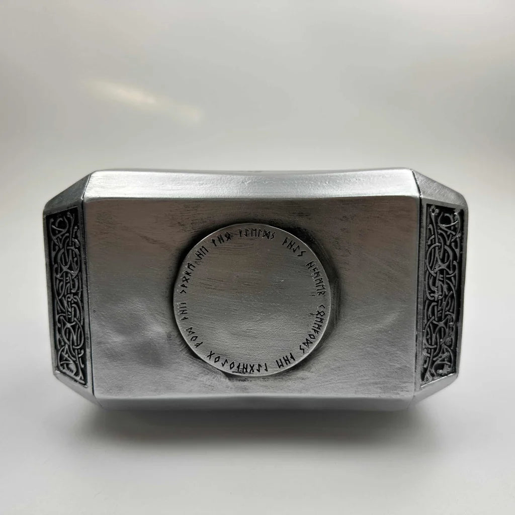 Silver rectangular ring with Celtic knot and Thor hammer Marvel design