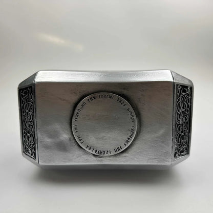Silver rectangular ring with Celtic knot and Thor hammer Marvel design