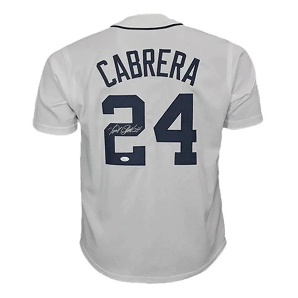 Miguel Cabrera autographed white custom jersey back, navy Cabrera 24, JSA
