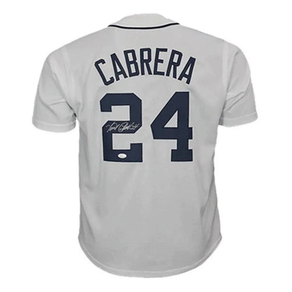 Miguel Cabrera autographed white custom jersey back, navy Cabrera 24, JSA