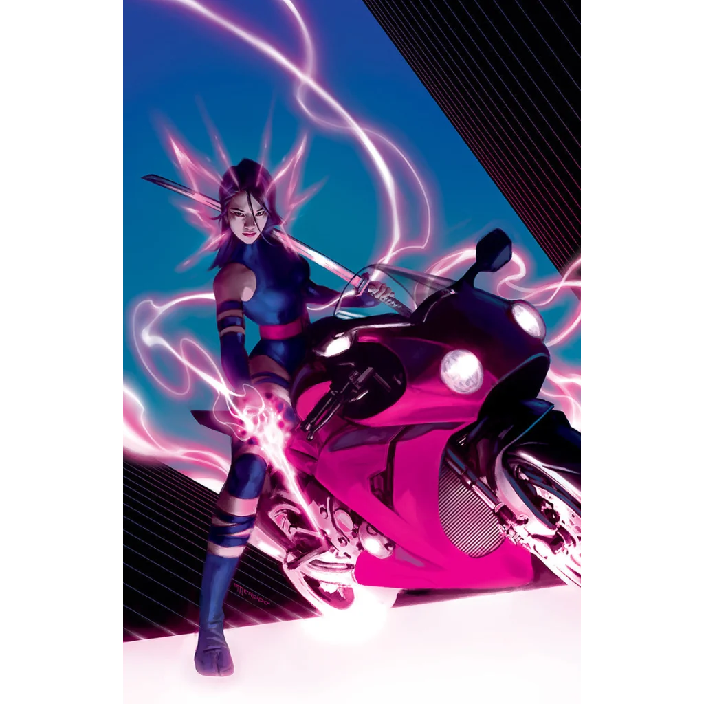 Purple superheroine with sword and pink motorcycle, pink energy, from Miguel Mercado comic