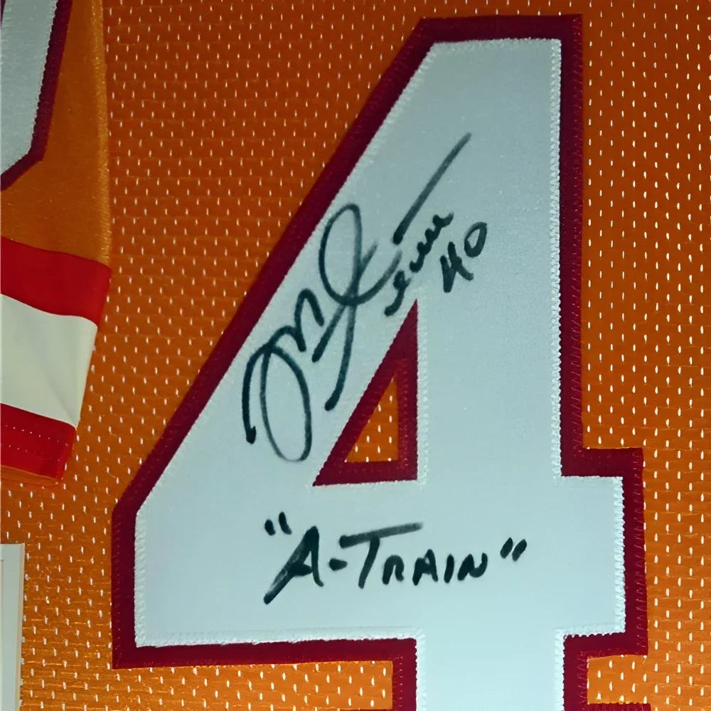 Mike Alstott autographed Tampa Bay Buccaneers throwback deluxe framed jersey back
