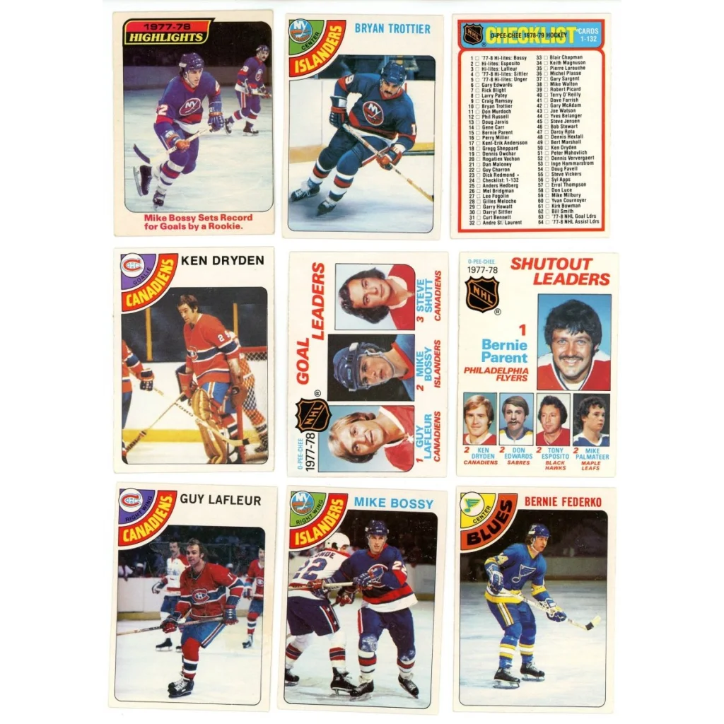 Vintage hockey trading cards featuring Mike Bossy from the hockey complete set break