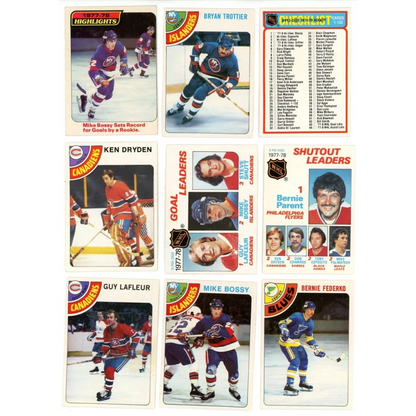 Vintage hockey trading cards featuring Mike Bossy from the hockey complete set break