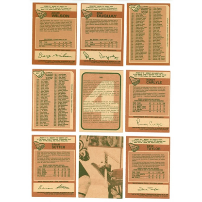 Vintage hockey trading cards featuring Mike Bossy in a complete set break display