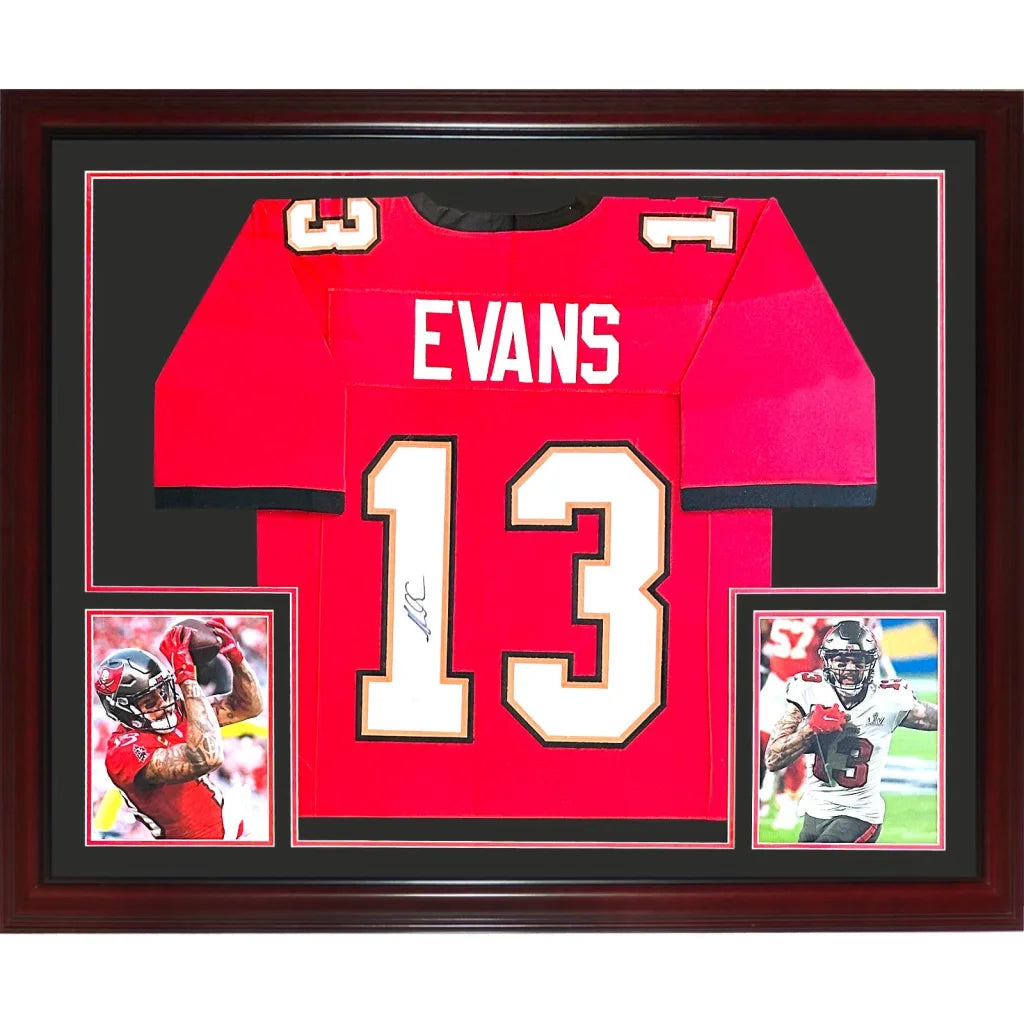 Mike Evans deluxe framed jersey in red with white gold accents mahogany frame