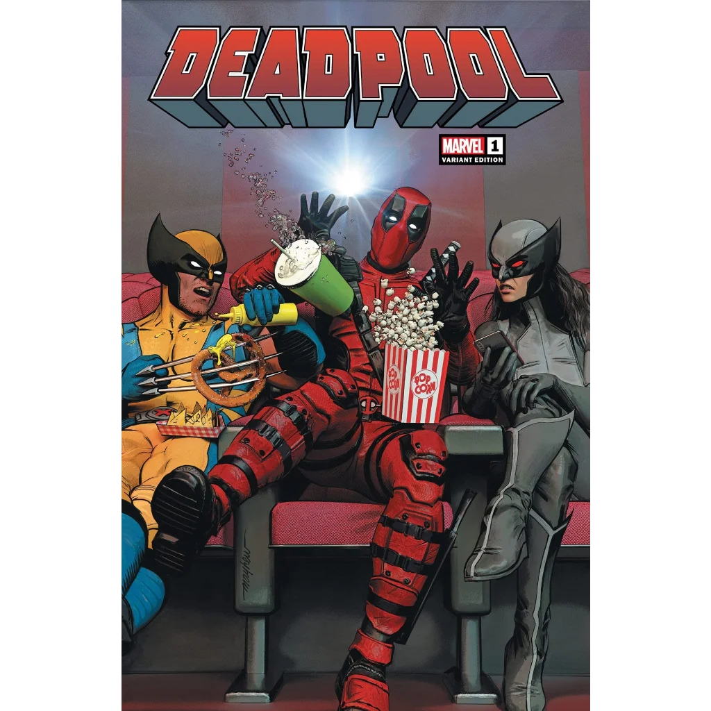 Mike Mayhew Deadpool comic cover showing Deadpool, Wolverine, X-23 in movie theater
