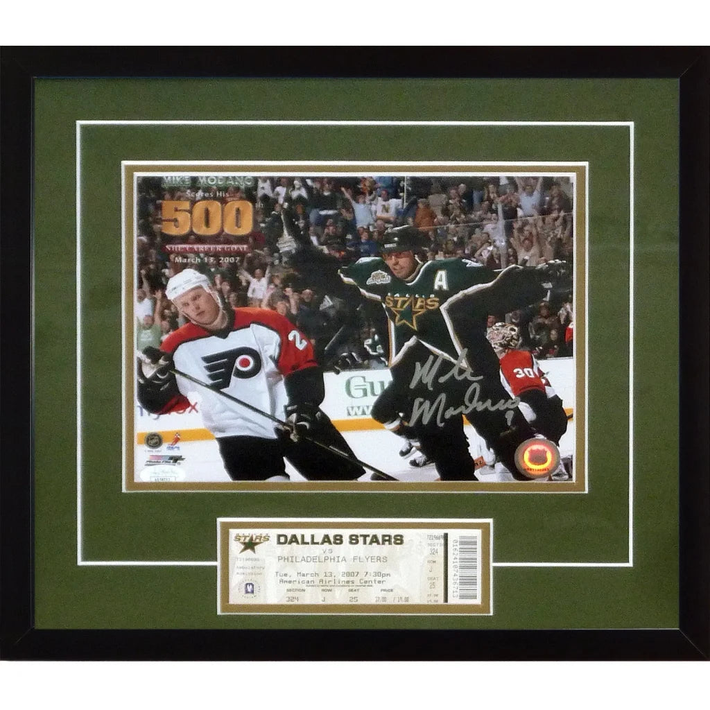 Mike Modano autographed Dallas Stars 500th goal 8x10 photo framed with replica game ticket