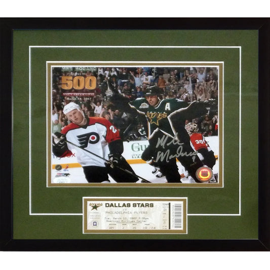 Mike Modano autographed Dallas Stars 500th goal 8x10 photo framed with replica game ticket