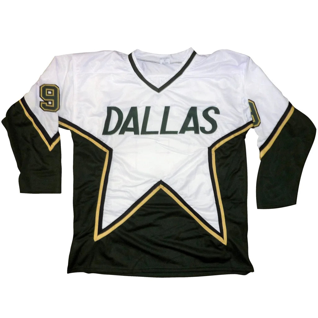 Autographed Dallas Stars white #9 Mike Modano custom jersey with gold trim