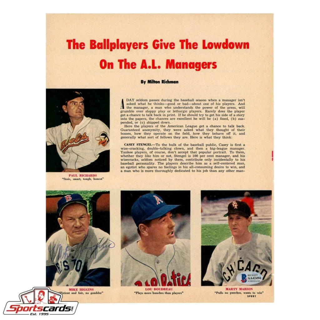 Vintage 1950s baseball card of Mike Pinky Higgins signed BAS certified