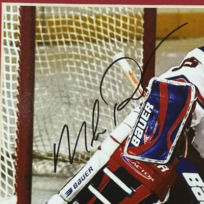 Mike Richter autographed New York Rangers framed 8x10 photo with red and blue Bauer goalie pad