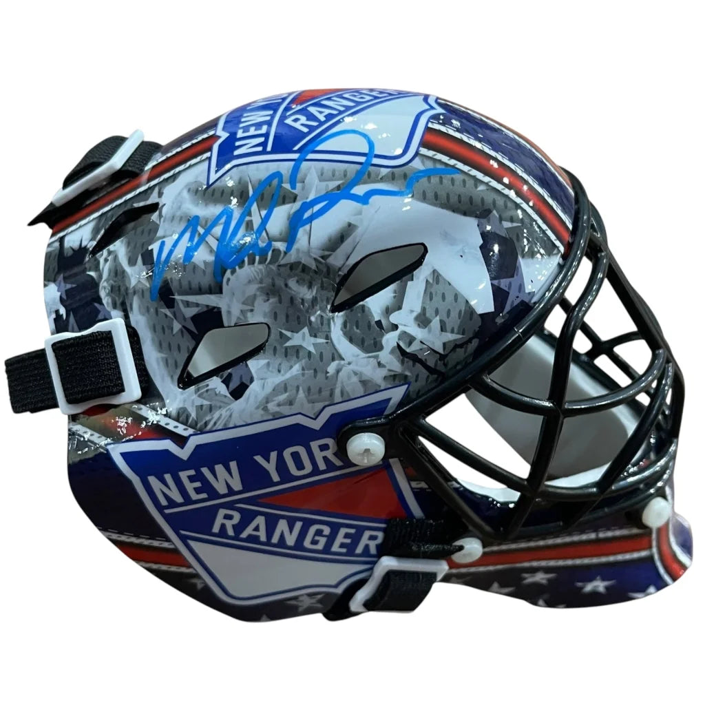 Mike Richter autographed New York Rangers mini goalie mask with blue white red cityscape design