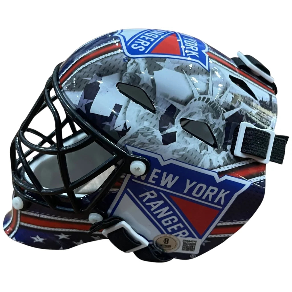 Mike Richter signed York Rangers mini goalie mask with Liberty statue design in black and blue